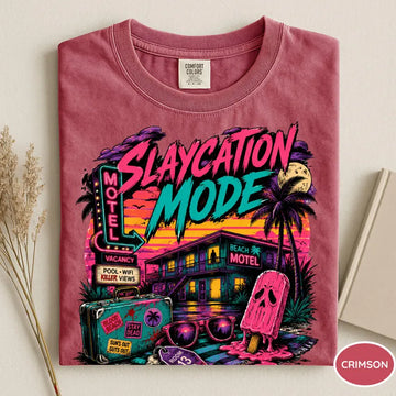 Slaycation Mode Shirt, Neon 80s Horror Vacation Tee