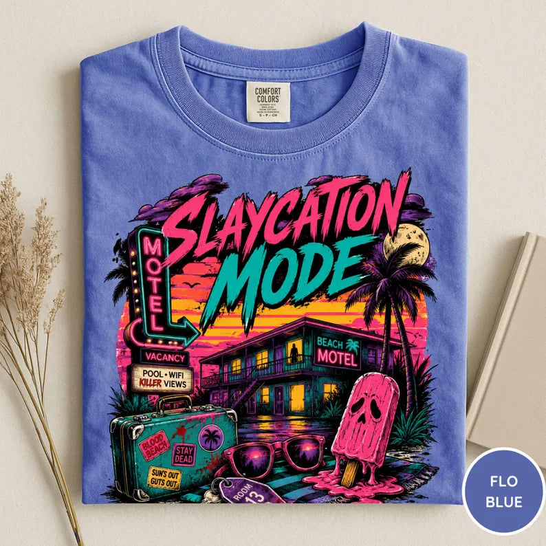 Slaycation Mode Shirt, Neon 80s Horror Vacation Tee